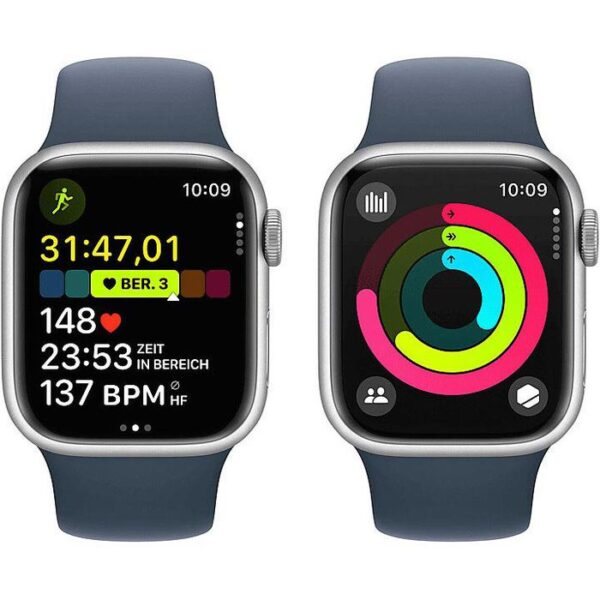 ⁦Apple Smartwatch Watch Series 9 iOS GPS, 41 mm, M/L, NFC, EKG, Aluminium, silber, sturmblau⁩ – תמונה ⁦4⁩