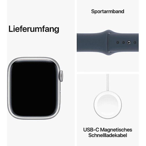 ⁦Apple Smartwatch Watch Series 9 iOS GPS, 41 mm, M/L, NFC, EKG, Aluminium, silber, sturmblau⁩ – תמונה ⁦5⁩