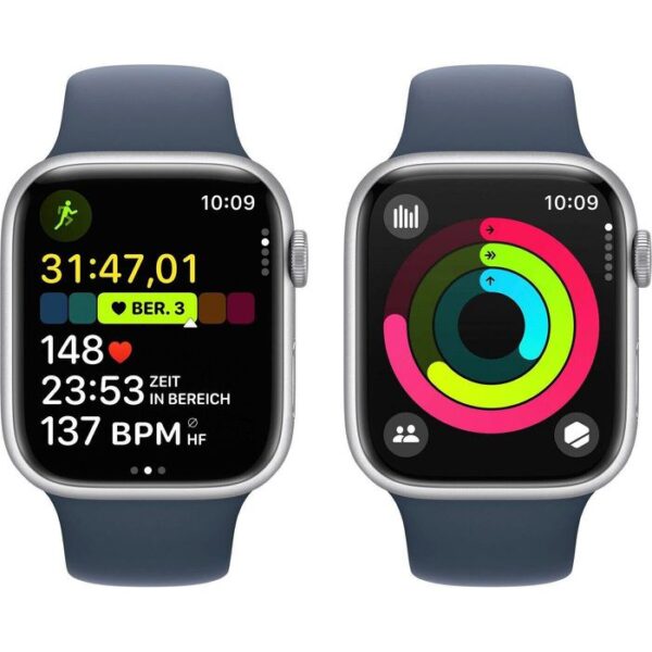 ⁦Apple Smartwatch Watch Series 9 iOS GPS, 45 mm, S/M, NFC, EKG, Aluminium, silber, sturmblau⁩ – תמונה ⁦4⁩