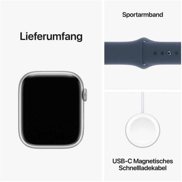 ⁦Apple Smartwatch Watch Series 9 iOS GPS, 45 mm, S/M, NFC, EKG, Aluminium, silber, sturmblau⁩ – תמונה ⁦5⁩