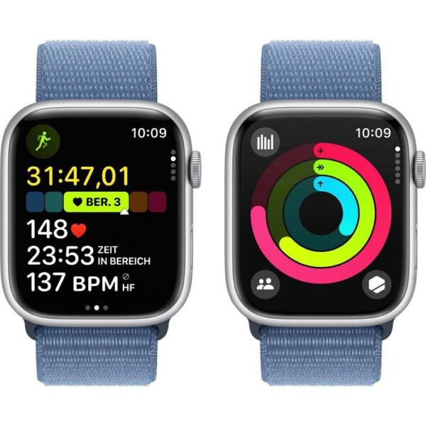 ⁦Apple Smartwatch Watch Series 9 iOS GPS, 45 mm, NFC, EKG, Aluminium, silber, winterblau⁩ – תמונה ⁦4⁩