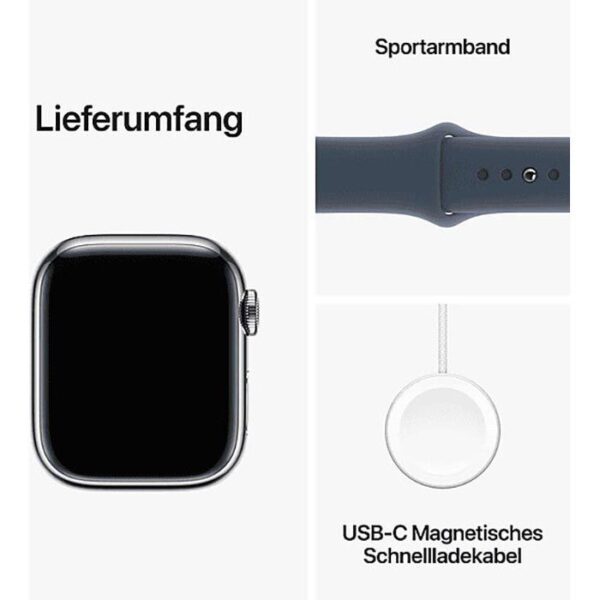 ⁦Apple Smartwatch Watch Series 9 iOS GPS Cellular, 41 mm, S/M, NFC, EKG, Edelstahl, silber, sturmblau⁩ – תמונה ⁦5⁩