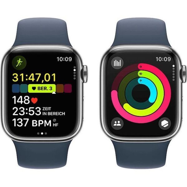 ⁦Apple Smartwatch Watch Series 9 iOS GPS Cellular, 41 mm, M/L, NFC, EKG, Edelstahl, silber, sturmblau⁩ – תמונה ⁦4⁩