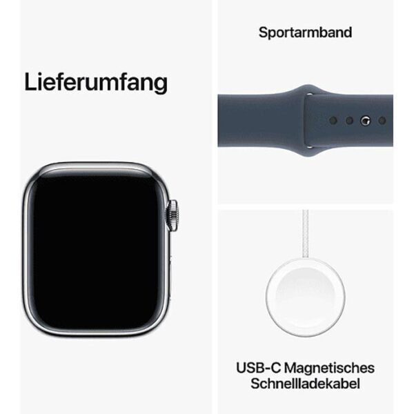 ⁦Apple Smartwatch Watch Series 9 iOS GPS Cellular, 41 mm, M/L, NFC, EKG, Edelstahl, silber, sturmblau⁩ – תמונה ⁦5⁩