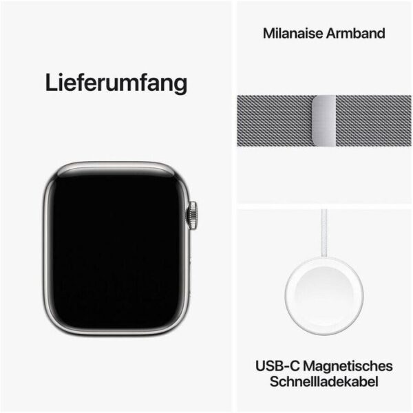 ⁦Apple Smartwatch Watch Series 9 iOS GPS Cellular, 45 mm, NFC, EKG, Edelstahl, silber⁩ – תמונה ⁦5⁩